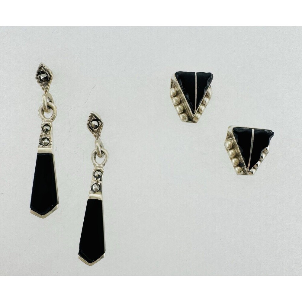 Sterling Silver 925 Black Onyx Earrings Dangle and Stud Set Includes Both Pair